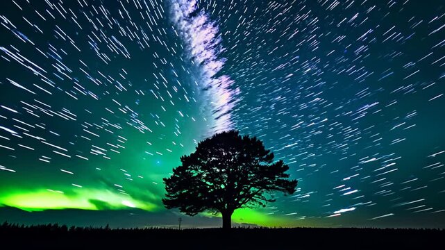 Milky Way timelapse with an aurora borealis glowing in the background and a dark tree silhouette in the foreground. video