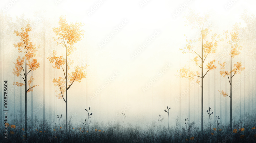 Poster tranquil forest scene at dawn, featuring soft golden light filtering through trees with autumn leave