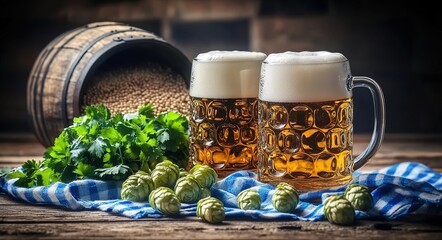 Two large mugs of beer with foam and green hop cones on a wooden table, a blue checkered cloth in the background.
