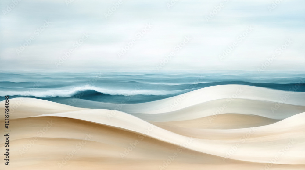 Poster serene wind swept beach scene featuring abstract flowing dunes and gentle ocean waves. soft colors c