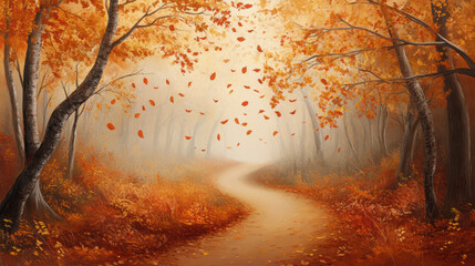 Fototapeta premium vivid autumn forest with swirling leaves creates serene atmosphere. winding path invites exploration through warm hues of orange and gold, embodying beauty of nature