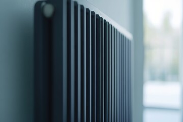 Fototapeta premium Black heater radiator on grey wall background