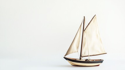 Fototapeta premium A blue toy sailboat sits by itself on a white background. 