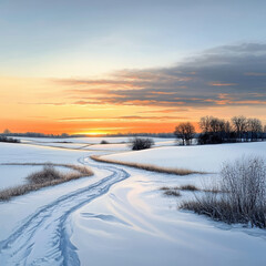 serene winter sunset over frozen fields, showcasing soft orange hues in sky. winding path through snow invites sense of tranquility and peace