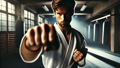martial artist in a white karate gi is performing a powerful forward punch