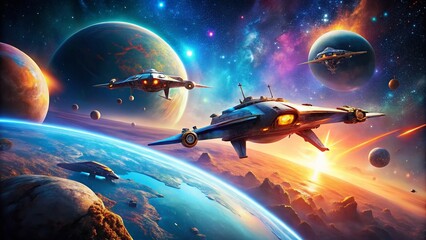 Futuristic Alien Spaceships Flying Over a Planet with Stars and Nebula in a Cosmic Background