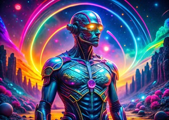 Naklejka premium Futuristic Andromorph Character in a Sci-Fi Landscape with Neon Colors and Abstract Elements