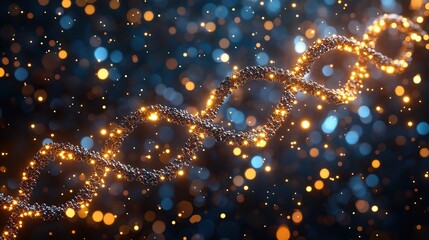 Glowing DNA strand against a bokeh background.