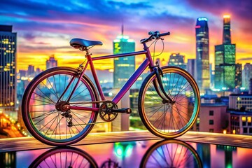 Fototapeta premium Futuristic bicycle design on a vibrant cityscape background showcasing innovation and technology