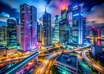 Naklejka premium Futuristic Cityscape at Night with Neon Lights and Advanced Architecture in a Modern Urban Environment