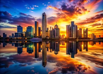 Fototapeta premium Futuristic city skyline at sunset with vibrant colors and advanced architecture reflecting in water