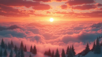 Obraz premium A breathtaking sunset over misty mountains and vibrant clouds in a winter landscape with evergreens during golden hour