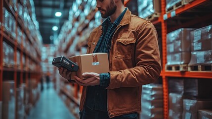Man scanning package in a warehouse setting.