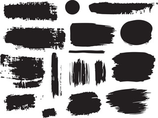 Black paint brush set, vector paint brush stroke, ink splatter, and artistic design elements.