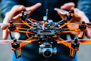 Realistic image of an engineer disassembling a drone, inspecting the motors and sensors, symbolizing reverse engineering in modern technology