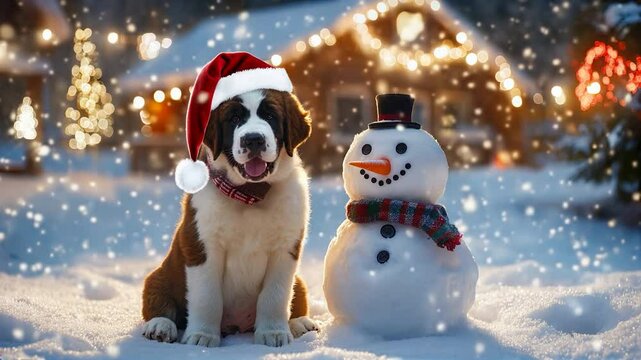 Festive winter scene featuring a Saint Bernard puppy in a Santa hat next to a snowman, surrounded by twinkling lights and snowflakes in a cozy, snowy Christmas setting. Video made using Generative AI.
