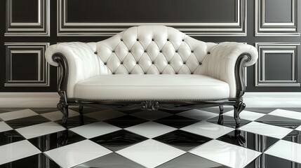 Elegant white tufted loveseat on black and white checkerboard floor in a stylish interior design setting
