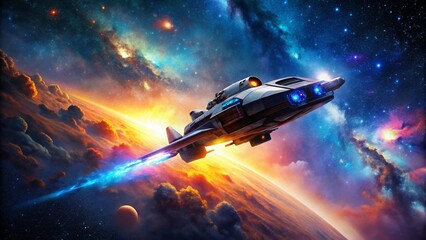 Futuristic Spaceship Exploring the Cosmic Universe with Bright Stars and Nebulae in the Background