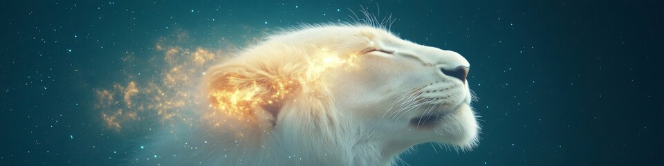 Majestic white lion with golden energy emanating from its being, symbolizing spiritual awakening and enlightenment. The cosmic panoramic background adds to the mystical and awe inspiring atmosphere