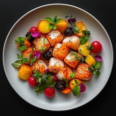 Colorful gourmet dish featuring seared scallops, fresh fruits, and edible flowers arranged beautifully on a round plate