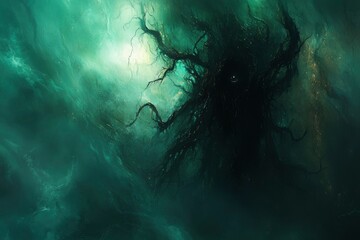 A Shadowy Figure Emerging from a Foggy, Green Forest
