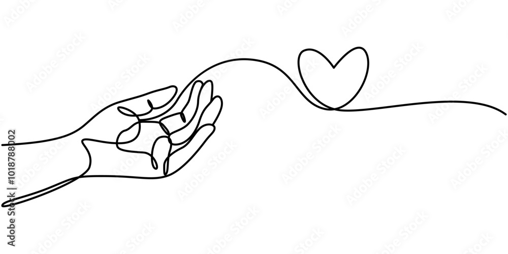 Poster one continuous single line drawing of hand give love isolated on white background minimalism design,