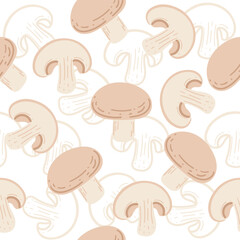 Seamless pattern. Champignon mushrooms. Perfect for recipes, vegetarian food content, and culinary designs. Vector illustration on white background