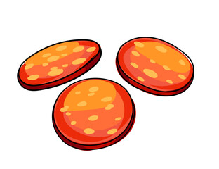 Pepperoni slices with, hand drawn colorful sketch design. Perfect for pizza-themed designs, food packaging, or restaurant menus. Ideal for illustrating Italian cuisine. Vector illustration