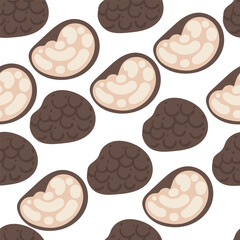 Seamless pattern. Black truffles mushrooms. Fresh sliced and whole truffles. Luxury organic food. Vector illustration on white background