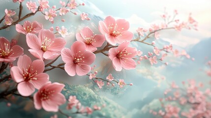Fototapeta premium Delicate pink cherry blossoms in full bloom against a tranquil mountain backdrop during springtime