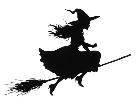 Black silhouette of a witch riding a broom. Transparent background