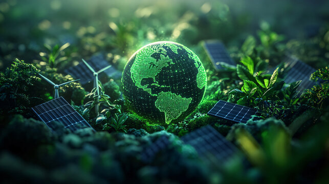 Green Earth Surrounded by Solar Panels and Wind Turbines