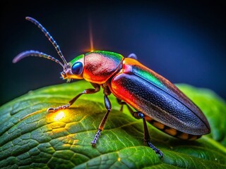 Glowing Click Beetle on Leaf in Nature, Bioluminescent Insect Illuminating the Darkness at Night