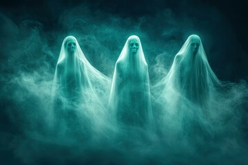 Three Ethereal Figures Wrapped in Fog and Veils