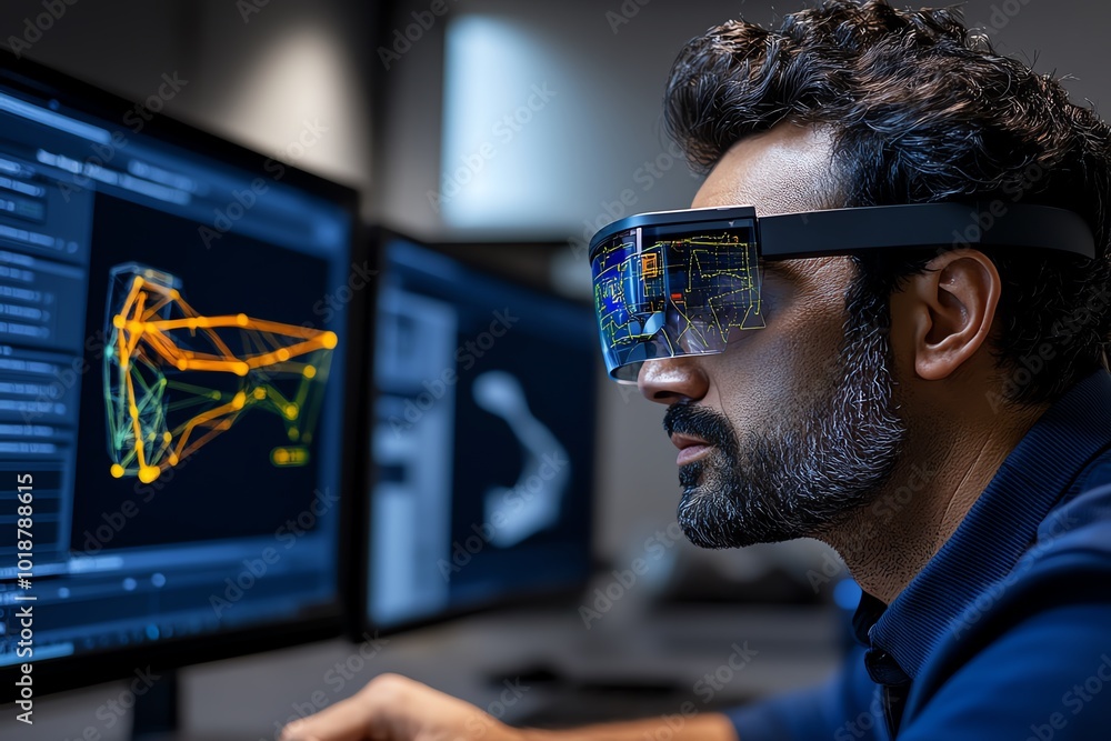 Aufkleber Realistic image of an engineer using augmented reality glasses to overlay digital information on a physical object during the reverse engineering process