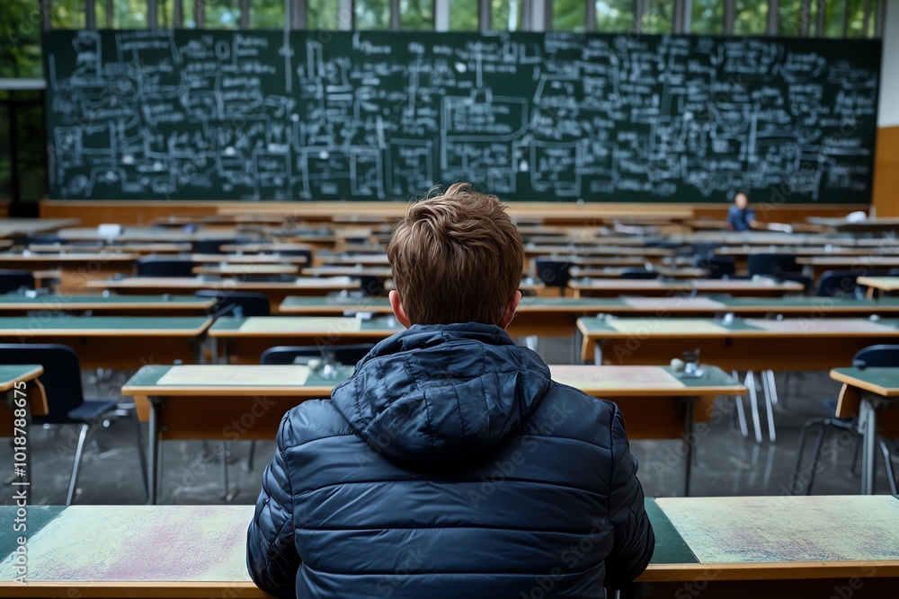 Poster Realistic image of an old, abandoned school building with a person revisiting the classroom of yesterday, looking at faded chalkboards and empty desks, representing the passage of time**
