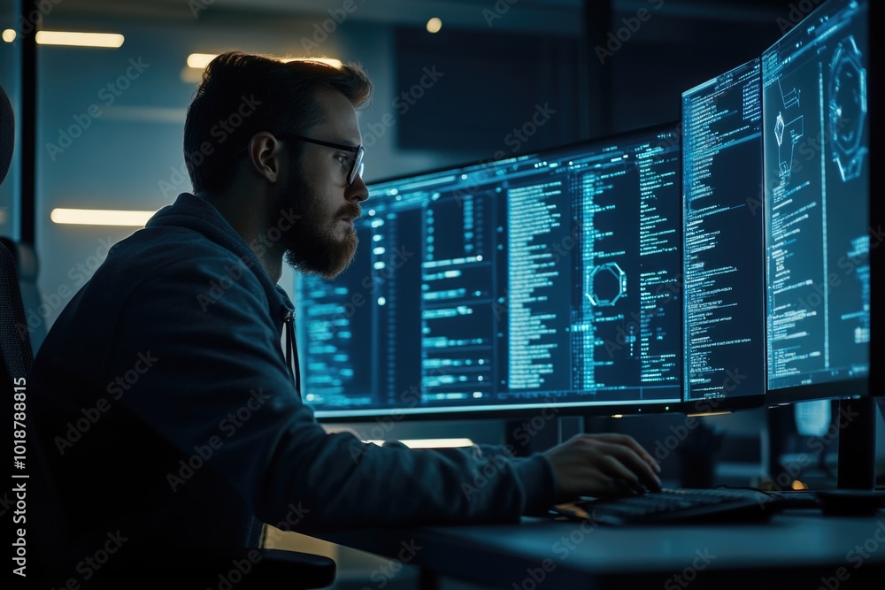 Poster A person sitting in front of a computer monitor with a focused expression, possibly working or studying