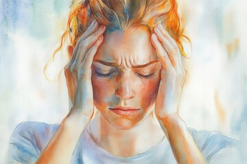 A woman sitting down with her hands placed on her head, in a contemplative pose