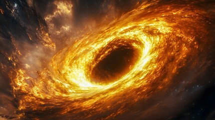 spiral nebula in space with a luminous event horizon and a rotating accretion disk that attracts light and matter