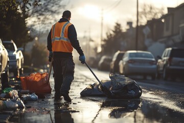 A person wearing an orange vest cleans the street