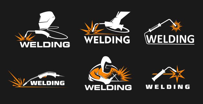 Weld icons, welder tools with sparks vector silhouettes. Welding fabrication workers with gas metal arc weld machine torches, protective masks and gloves symbols set welding and cutting workshop