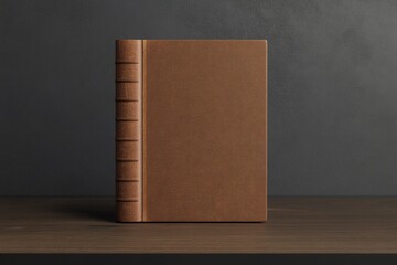 A brown book sitting on a wooden table, great for office or home decor