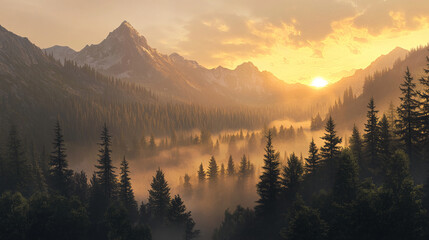 Obraz premium A quiet morning in a dense foggy forest at sunrise nature background