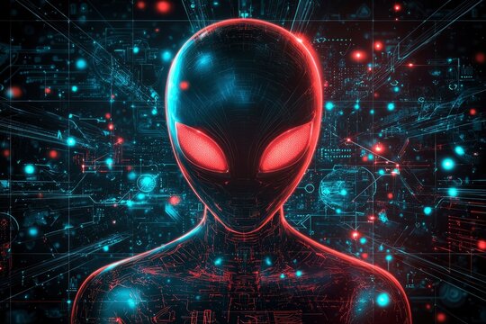 Digital Alien with Glowing Red Eyes in a Cybernetic World