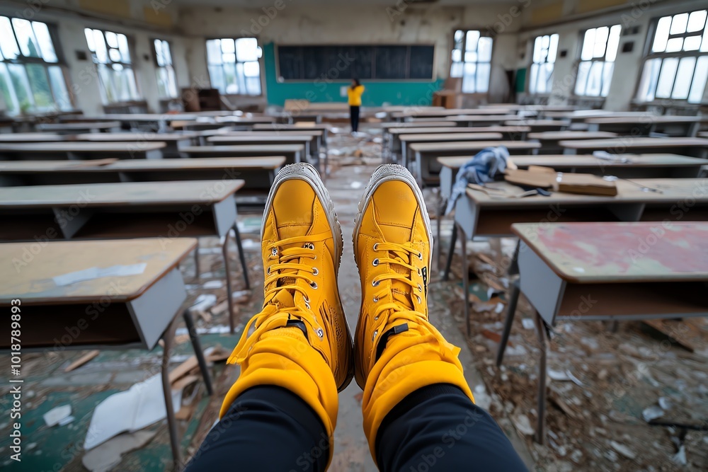Poster Realistic image of an old, abandoned school building with a person revisiting the classroom of yesterday, looking at faded chalkboards and empty desks, representing the passage of time**
