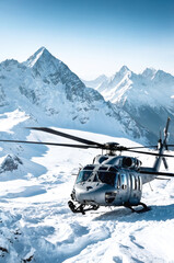 Obraz premium Military helicopter landing in snowy mountain range during winter mission
