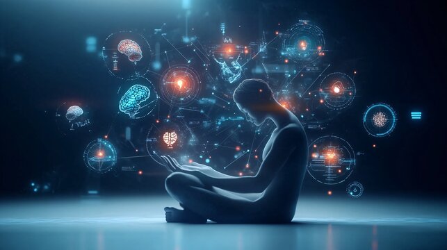 Serene Figure Surrounded by Floating Symbols of Knowledge