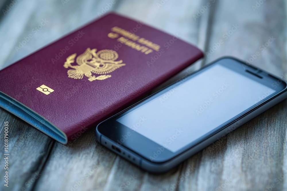 Poster a cell phone and passport placed on a wooden table, ready for travel or documentation