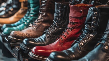 A collection of motorcycle boots displayed in a row, each representing various riding styles, emphasizing the sense of camaraderie among bikers.