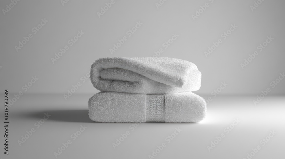 Poster Stacked white towels on a table with a simple background, suitable for use in bathroom or spa settings